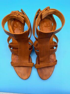 GIVENCHY Perforated Leather Cage Gladiator Sandals Tan Cognac Heels EU 38 US 7.5